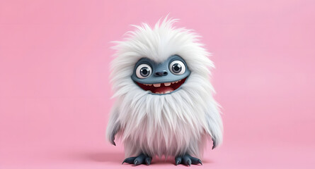Obraz premium Funny fluffy monster isolated on transparent pink background. Joyful and fluffy little monster. Cute yeti. Halloween character.