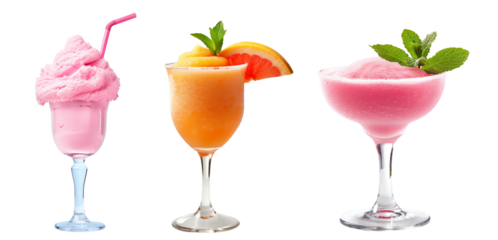 Pink cocktail or sorbet sherbet with fresh berries and tropical fruits isolated on white background with clipping path, making it a refreshing drink choice