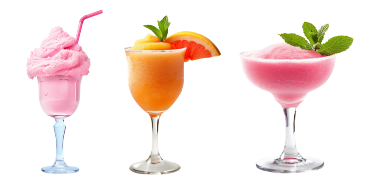 Pink cocktail or sorbet sherbet with fresh berries and tropical fruits isolated on white background with clipping path, making it a refreshing drink choice