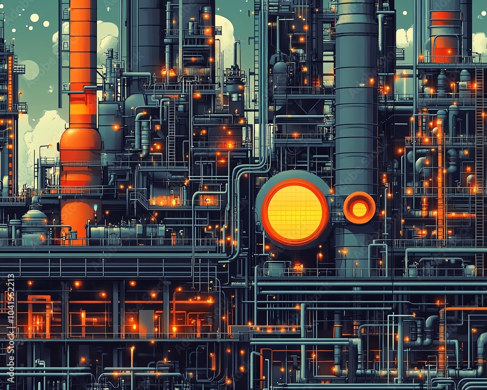 Poster industrial vector illustration of a gas plant with a refinery, emphasizing two layers of intricate d