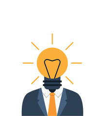 Flat Style Bust of Business Man with Light Bulb Head. Office work and generating profitable ideas vector art