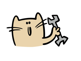 Cartoon funny cat holds monkey wrench in his hands. Vector illustration of a cartoon mechanic working with a tool. Isolated pet on white background.