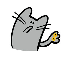 Cartoon sad kitten looks at a couple of coins on its paw. Vector illustration of a grey cat, a poor, hungry pet.
