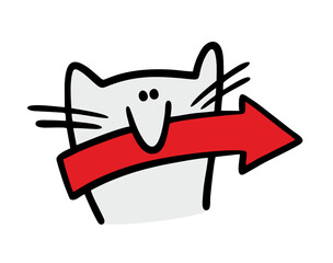 Satisfied cat holds a red arrow in its mouth, shows the direction to the right. A vector illustration of an animal attracts attention. Cute little kitten in cartoon style.