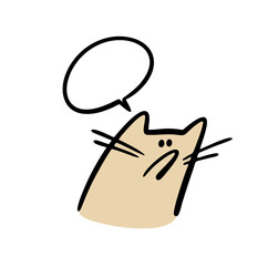 Funny cat looks displeased and says. Vector illustration of a kitten and text bubble from a comic. Isolated head of animal on white background.