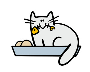 Cat climbed into the plate and ate the food. A kitten sits on a table and holds a fish skeleton in its mouth. Vector illustration of a pet who committed a prank. Impudent animal isolated on white.