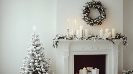 Festive Fireplace Decor with Candles and a Snowy Christmas Tree