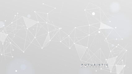 Abstract tech network connection dots and plexus lines on a white background. Digital neural technology and data science analysis background. Futuristic scientific wallpaper with mesh