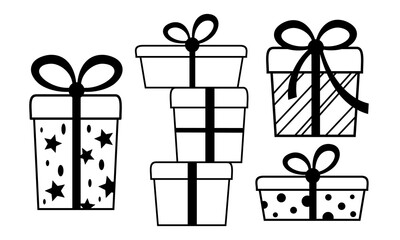 Black and white gifts clipart. Cute hand draw festive object. Vector illustration in flat style