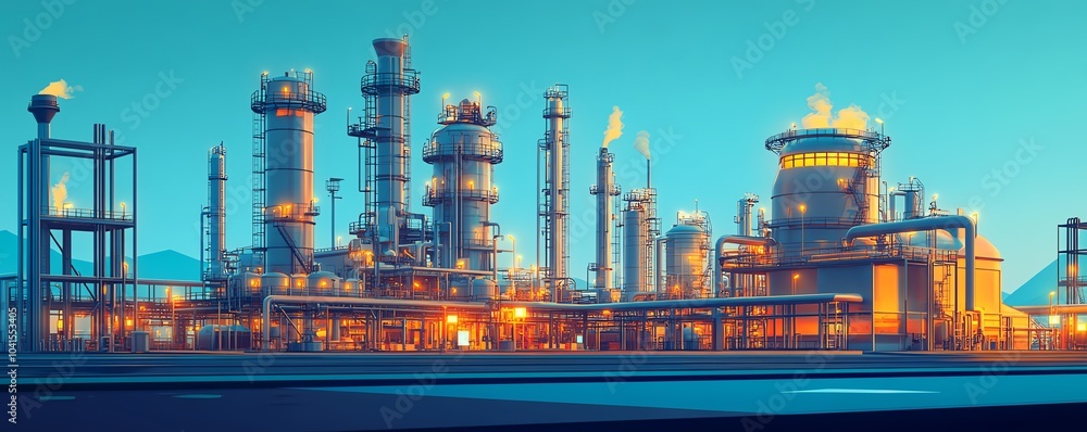 Poster Dynamic vector depiction of a gas refinery plant, showcasing an industrial view with layered details for a realistic representation of operations