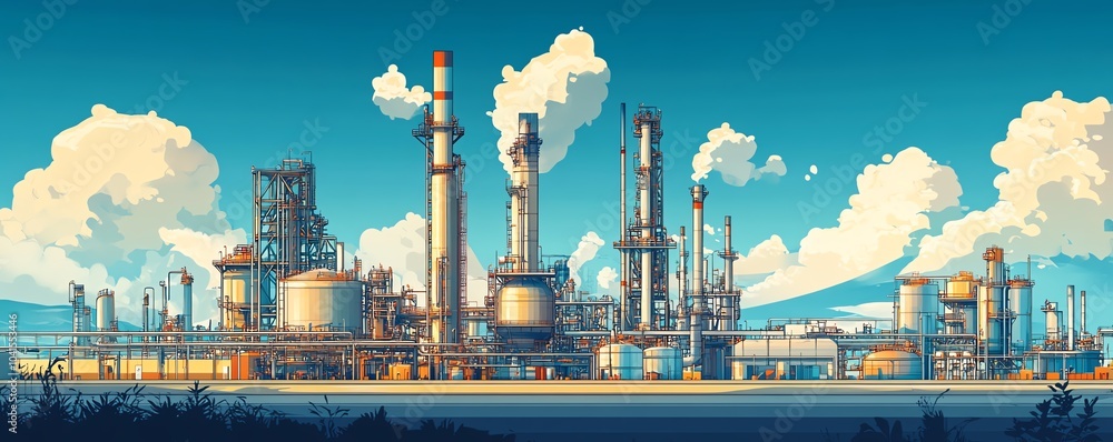 Poster dynamic vector depiction of a gas refinery plant, showcasing an industrial view with layered details