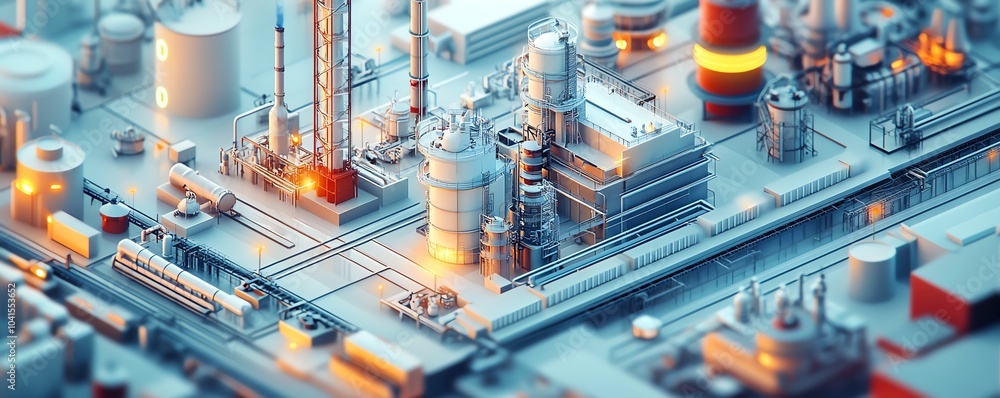 Poster illustration of a gas plant industrial scene featuring a refinery, designed with two layers of detai