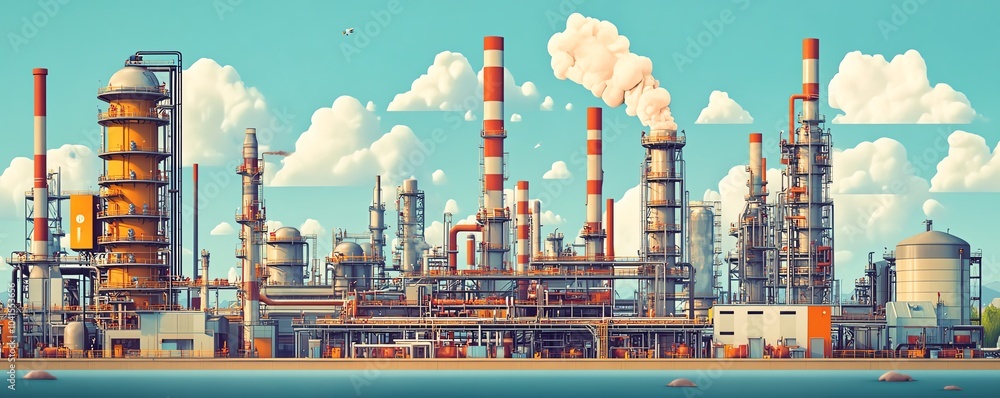 Poster illustration of a gas plant industrial scene featuring a refinery, designed with two layers of detai