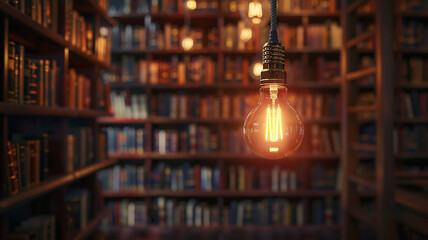 Obraz premium library, vintage light bulb light of knowledge on the background of shelves with old books, background copy space