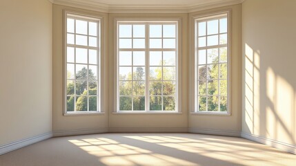 Bay Windows with French Pane Design. Classic Construction and Blank Background