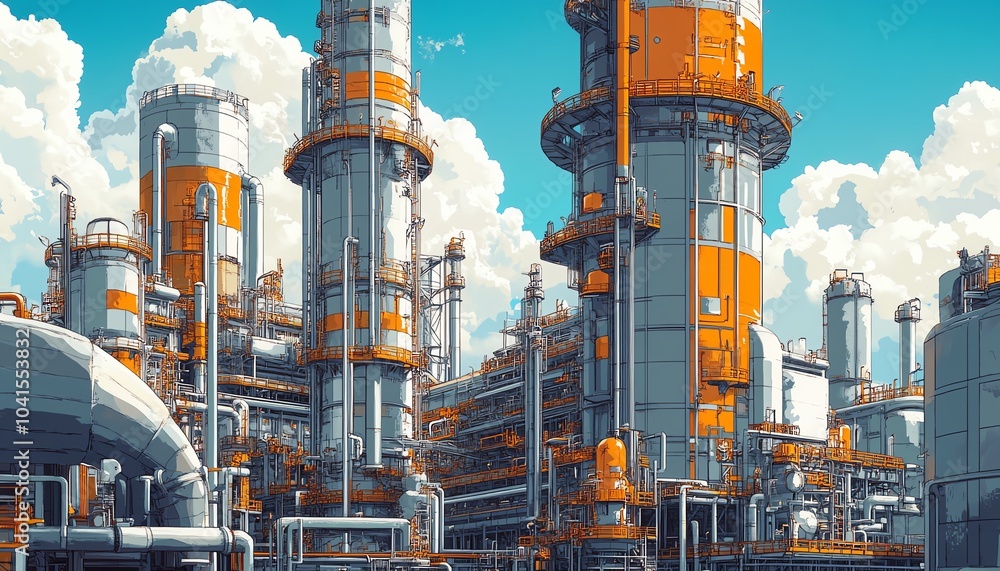 Poster industrial vector illustration of a gas plant with a refinery, emphasizing two layers of intricate d