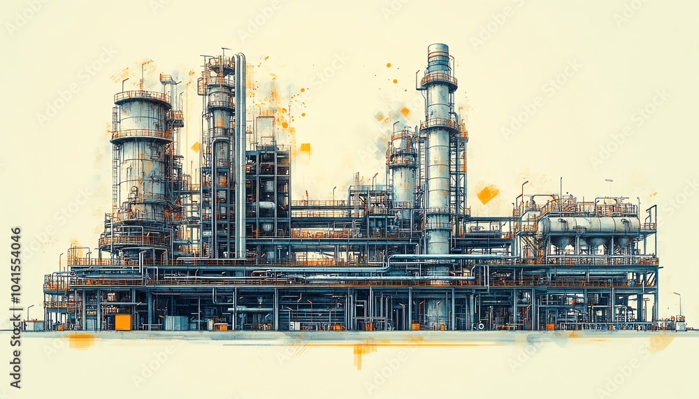 Poster industrial vector illustration of a gas plant with a refinery, emphasizing two layers of intricate d