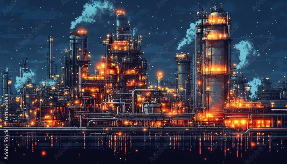 Poster industrial vector illustration of a gas plant with a refinery, emphasizing two layers of intricate d