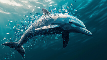 Fototapeta premium Abstract Polygonal Dolphin Breaking Into Pieces in Open Water