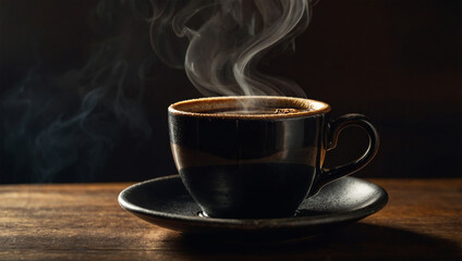 Fototapeta premium Hot cup of black coffee with steam rising, dramatically lit from the side to capture the swirling steam and shadows