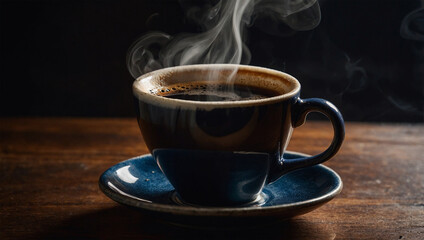 Obraz premium Hot cup of black coffee with steam rising, dramatically lit from the side to capture the swirling steam and shadows