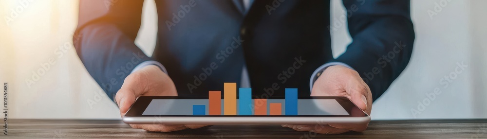 Poster professional hands holding tablet displaying colorful graphs on a desk.