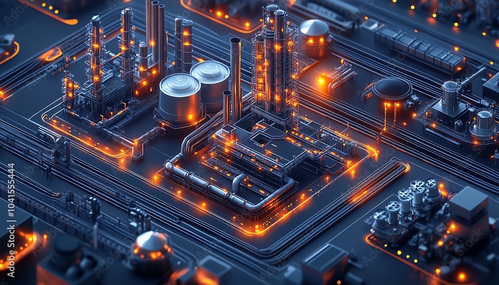 Aufkleber 3D isometric illustration of industrial infrastructure on a dark background, showcasing a large factory complex with railway buildings and pipelines viewed from above