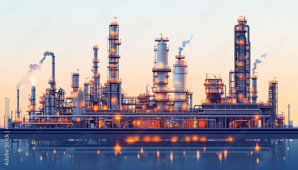 Poster comprehensive vector illustration of a gas refinery plant, showcasing an industrial view with two la