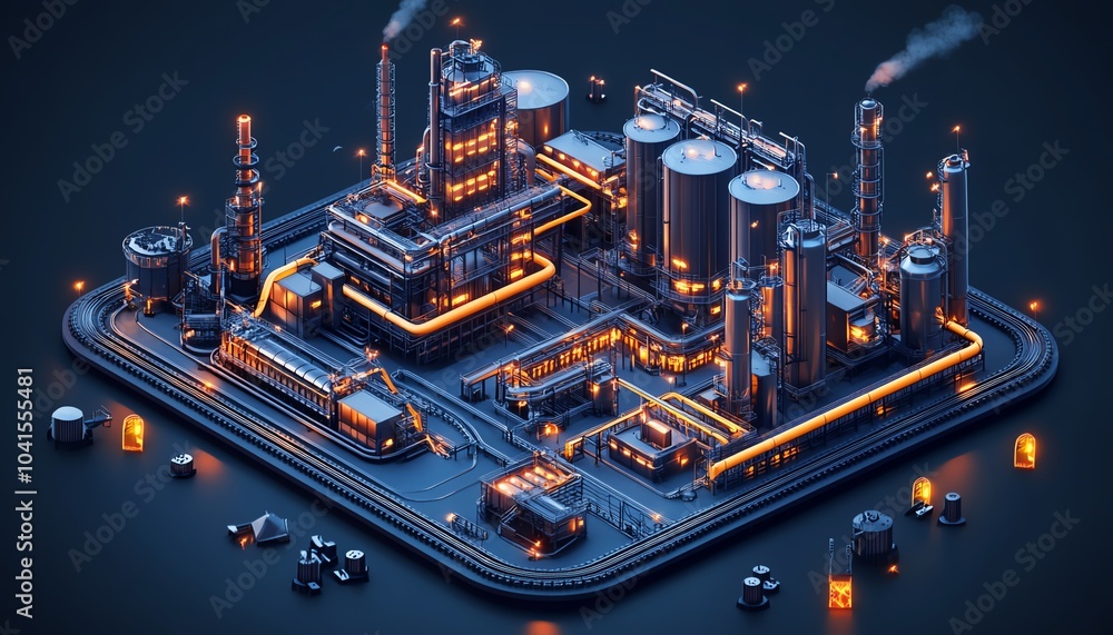 Aufkleber 3D isometric illustration of industrial infrastructure on a dark background, showcasing a large factory complex with railway buildings and pipelines viewed from above