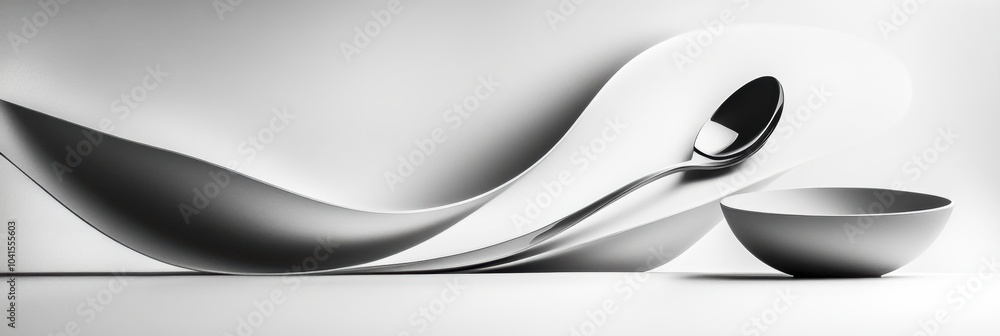 Poster the composition showcases a sleek spoon and bowl, emphasizing graceful curves and minimalist design 