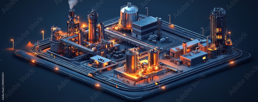 Poster comprehensive 3d isometric illustration showcasing a factory complex, railway systems, and pipeline 