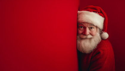 Naklejka premium Santa peeks out from behind a red background, copy space