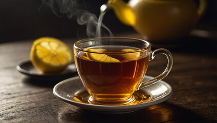 Steaming cup of tea with a slice of lemon, dramatically backlit to highlight the steam and the transparent amber liquid.