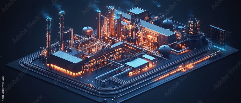 Poster creative isometric view of industrial infrastructure in 3d, highlighting a large factory, railway bu