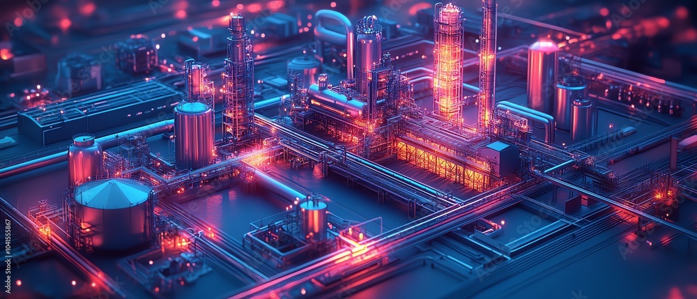 Poster creative isometric view of industrial infrastructure in 3d, highlighting a large factory, railway bu