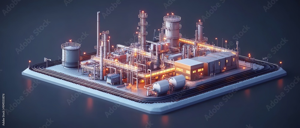 Poster creative isometric view of industrial infrastructure in 3d, highlighting a large factory, railway bu