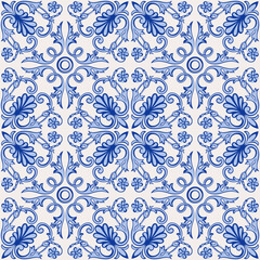 Seamless pattern, azulejo, blue style flowers and leaves. 