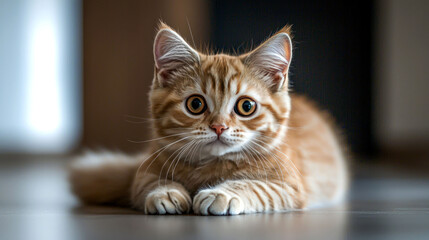 A cute orange tabby kitten with big, round eyes looks directly at the camera, lying on a gray floor.