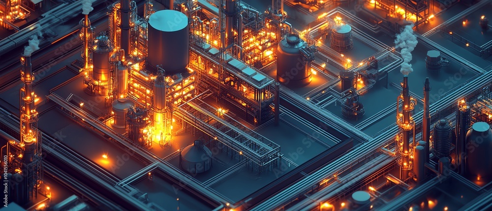 Poster creative isometric view of industrial infrastructure in 3d, highlighting a large factory, railway bu