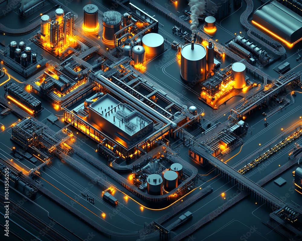 Poster detailed isometric 3d rendering of industrial infrastructure, highlighting a large factory complex, 