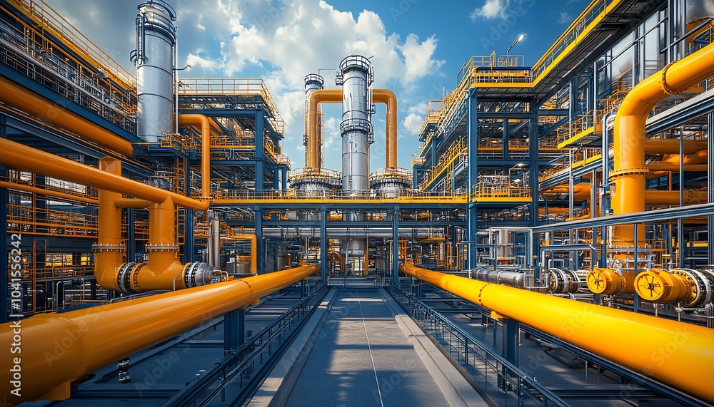 Poster Dynamic 3D rendering of an industrial project, highlighting a complex network of pipes, machinery, and buildings in a realistic environment
