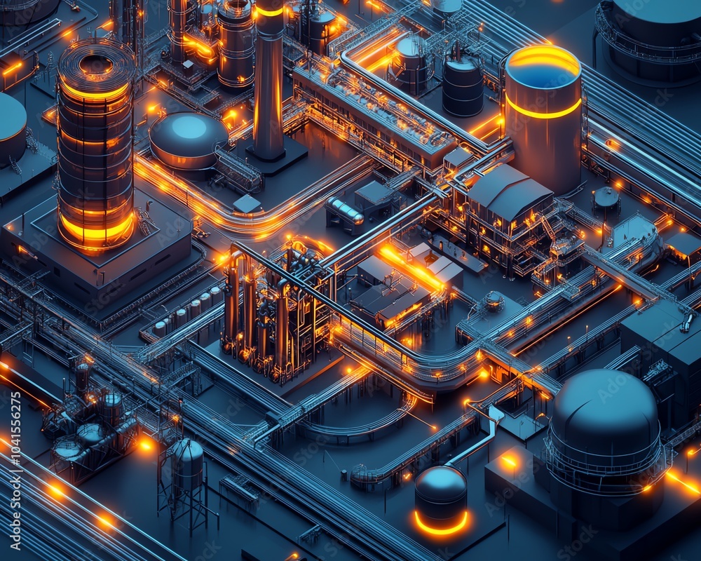 Poster detailed isometric 3d rendering of industrial infrastructure, highlighting a large factory complex, 