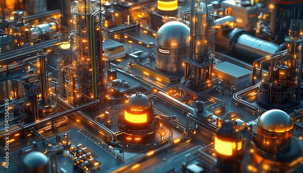 Poster Dynamic 3D rendering of an industrial project, highlighting a complex network of pipes, machinery, and buildings in a realistic environment