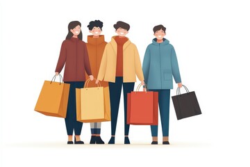 Joyful friends celebrate a successful shopping spree, carrying colorful bags.