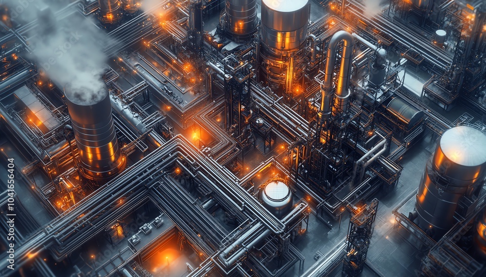 Poster Dynamic 3D rendering of an industrial project, highlighting a complex network of pipes, machinery, and buildings in a realistic environment