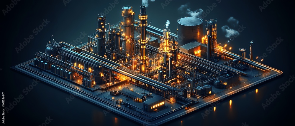 Poster Dynamic isometric rendering of industrial infrastructure, featuring a large factory complex, railways, and pipelines, set against a deep dark background