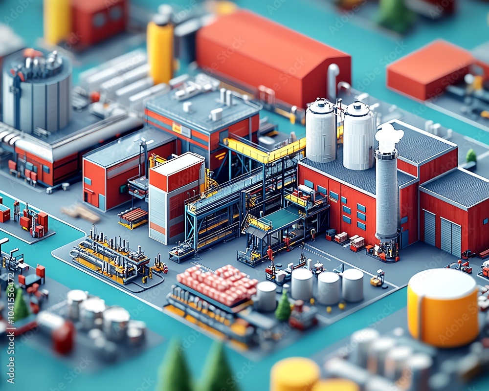 Poster engaging 3d illustration of an industrial project, featuring an intricate assembly line, warehouse, 