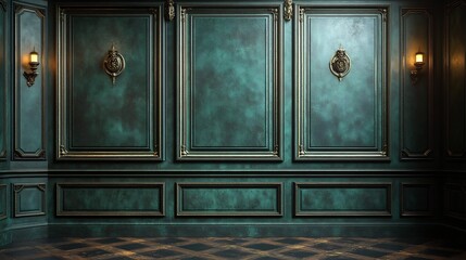 Dark emerald green panelled wall background with intricate raised mouldings giving a luxurious and classic touch perfect for vintage or traditional interior settings