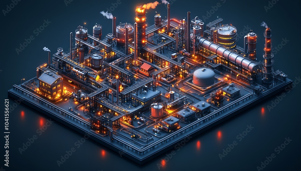 Poster Engaging isometric 3D visualization of a factory complex, railway buildings, and pipelines, all depicted from a topdown view on a dark background