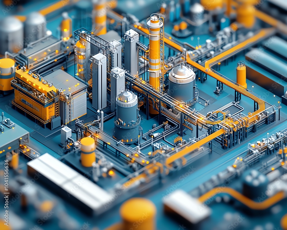 Poster engaging 3d illustration of an industrial project, featuring an intricate assembly line, warehouse, 
